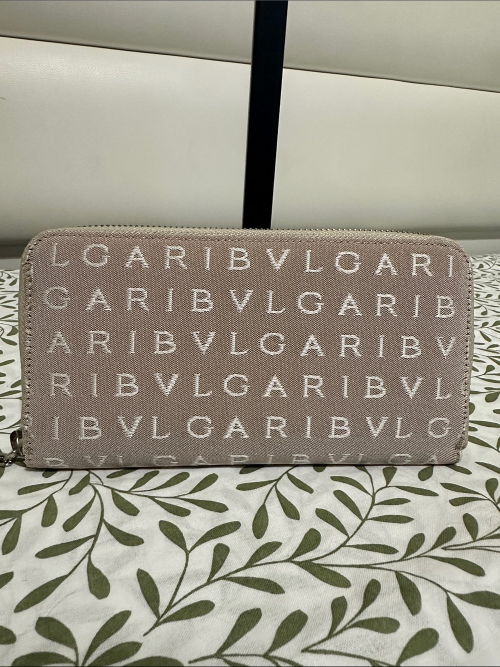 Bvlgari Taupe Beige Logo Canvas Zip-Around Wallet